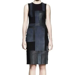 NEW A.L.C. Leather Suede Patchwork Black Dress Midi Sheath Dress Size 4